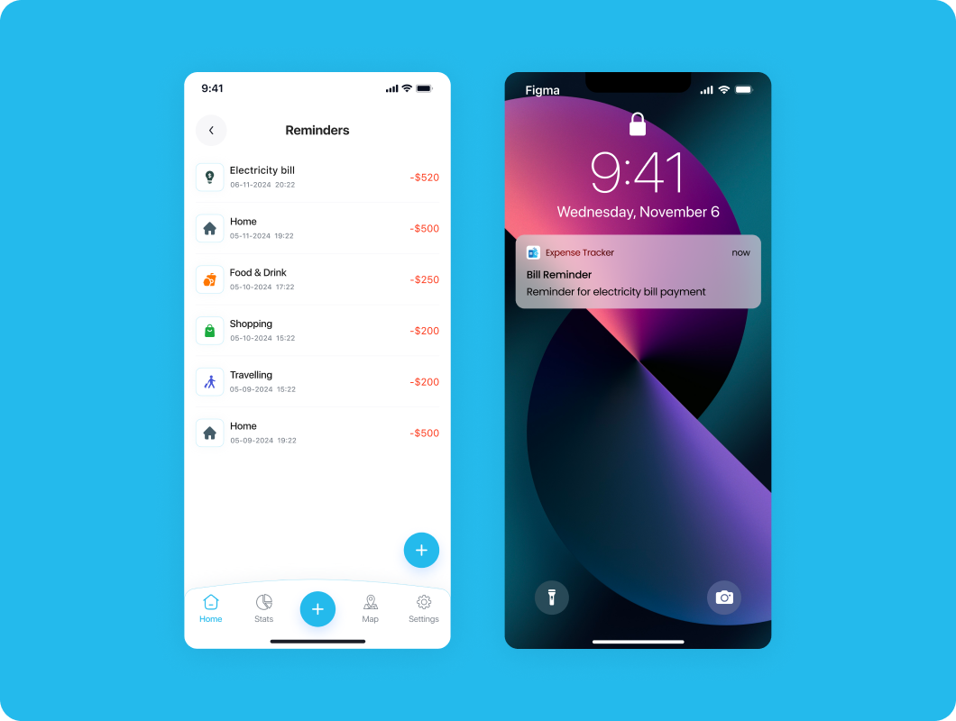 Personal finance app bill reminder screen
